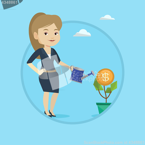 Image of Business woman watering money flower.