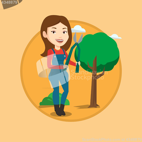 Image of Farmer with pruner in garden vector illustration.