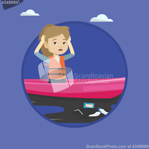 Image of Woman floating in a boat in polluted water.
