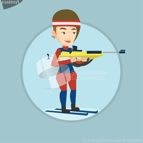 Image of Cheerful biathlon runner aiming at the target.