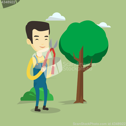 Image of Farmer with pruner in garden vector illustration.