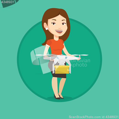 Image of Woman controlling delivery drone with post package