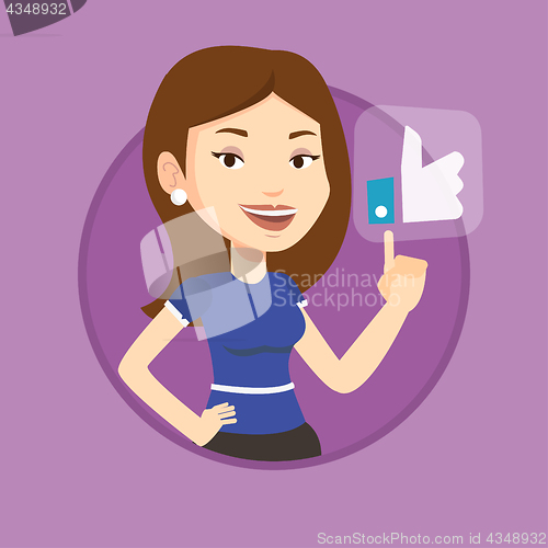 Image of Woman pressing like button vector illustration.