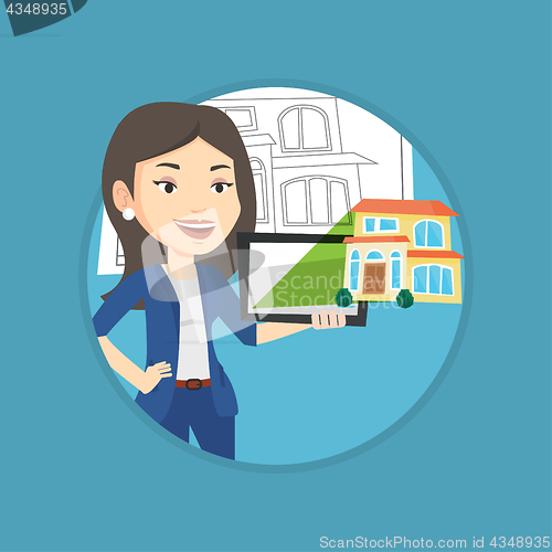 Image of Businesswoman presenting report on tablet computer