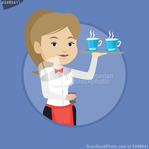 Image of Waitress holding tray with cups of coffeee or tea.