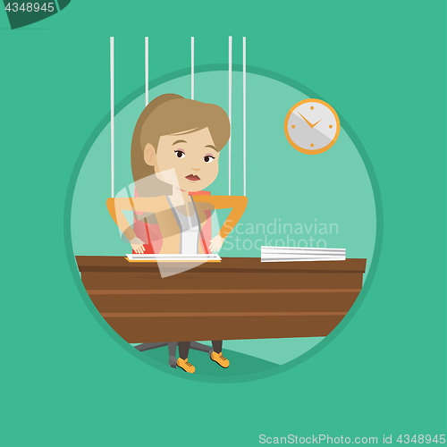 Image of Business woman marionette on ropes working.