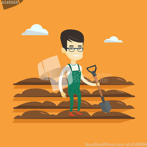 Image of Farmer with shovel at field vector illustration.
