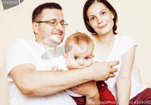 Image of young cute happy modern family, mother father son isolated on wh