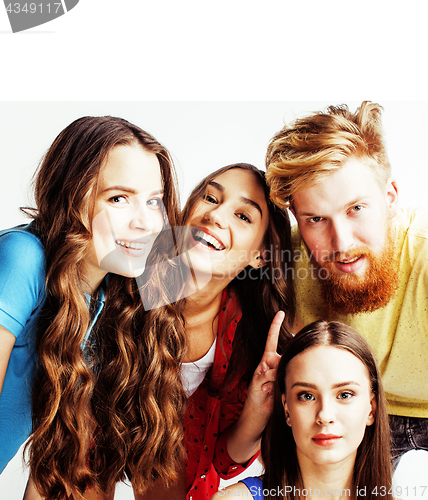 Image of company of hipster guys, bearded red hair boy and girls students