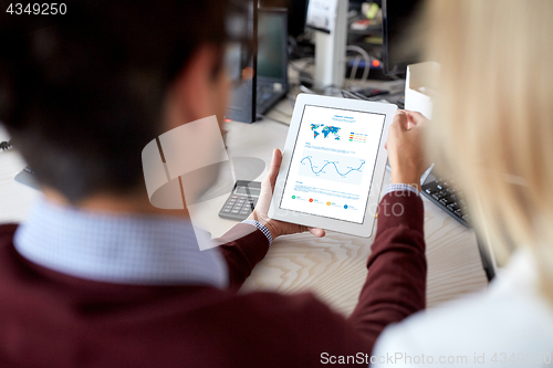 Image of business team with charts on tablet pc at office