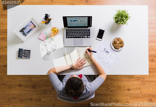 Image of woman with laptop writing to notebook at office