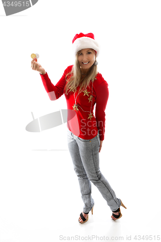 Image of Christmas woman showing recommending cryptocurrency 