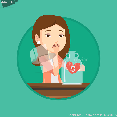 Image of Bankrupt woman looking at empty money box