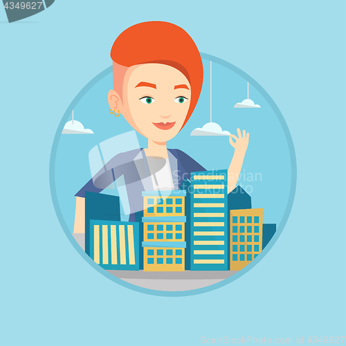 Image of Real estate agent presenting city model.