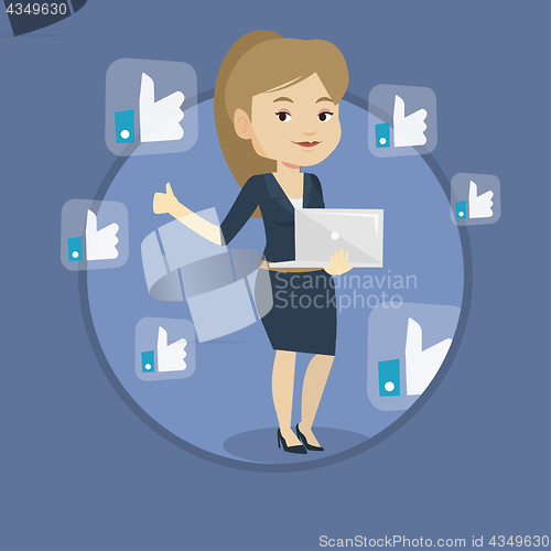 Image of Woman with like social network buttons.