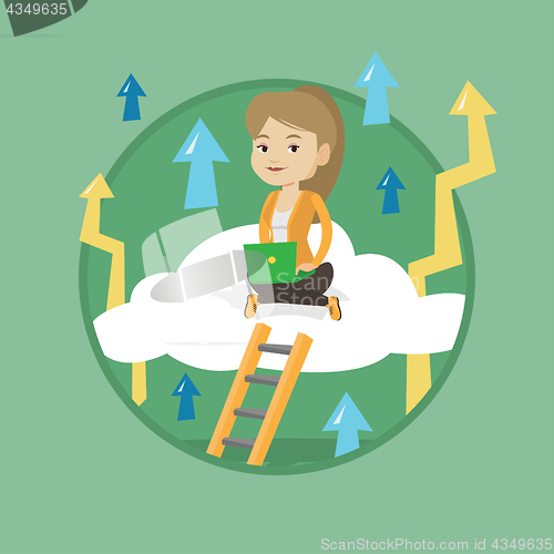 Image of Business woman sitting on cloud with laptop.