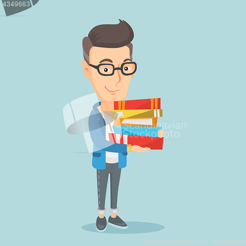 Image of Man holding pile of books vector illustration.