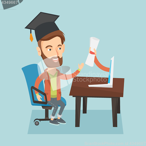 Image of Graduate getting diploma from the computer.