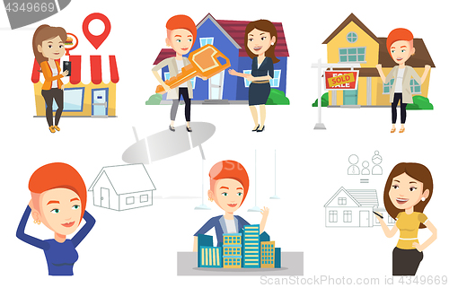 Image of Vector set of real estate agents and house owners.