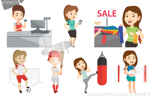 Image of Vector set of shopping people and sportswomen.