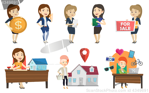 Image of Vector set of real estate agents and house owners.