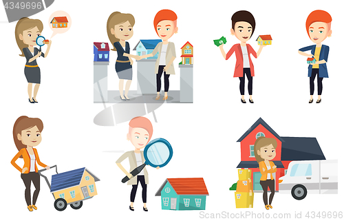 Image of Vector set of real estate agents and house owners.