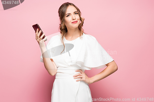 Image of Happy woman phone talking. Face with toothy smile