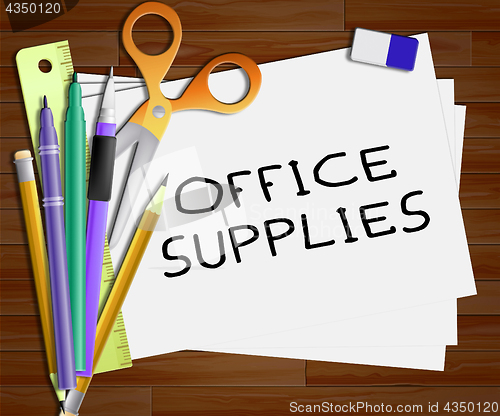 Image of Office Supplies Paper Shows Company Materials 3d Illustration