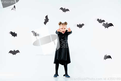 Image of Little girl witch in black dress over magical accessories. Halloween, the studio evening.