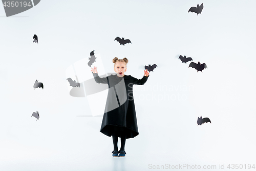 Image of Little girl witch in black dress over magical accessories. Halloween, the studio evening.