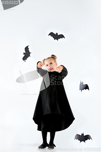 Image of Little girl witch in black dress over magical accessories. Halloween, the studio evening.