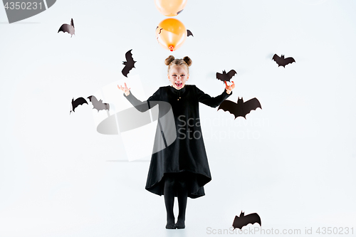 Image of Little girl witch in black dress over magical accessories. Halloween, the studio evening.