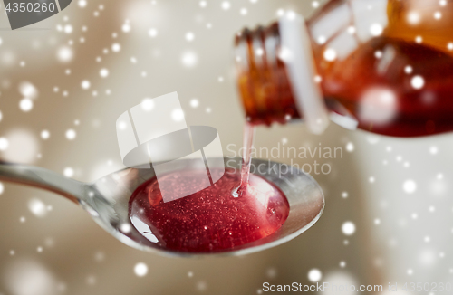 Image of medication or antipyretic syrup and spoon