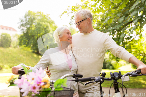 Image of happy senior couple with bicycles at summer park