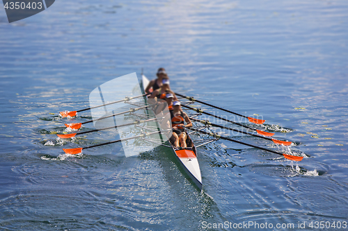 Image of Team of rowing Four-oar women in boat 