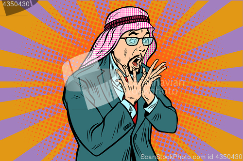 Image of Arab businessman surprised, emotional reaction