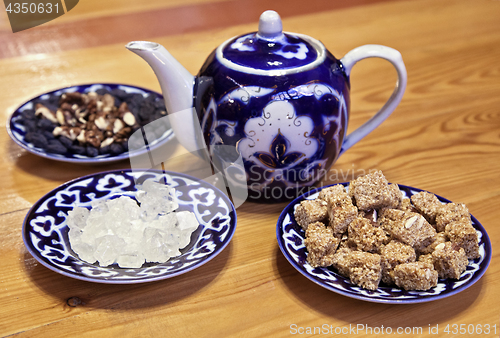 Image of Traditional Uzbek served tea and sweets