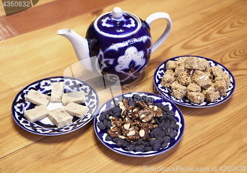 Image of Traditional Uzbek served tea and sweets