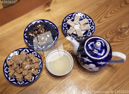 Image of Traditional Uzbek served tea and sweets