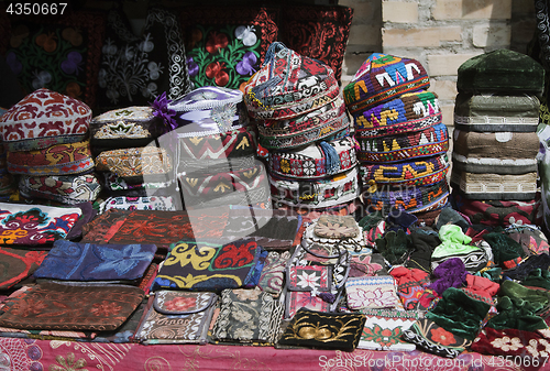 Image of The traditional Uzbek cap, named tubeteika, on a market