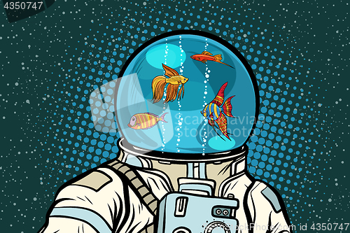 Image of Astronaut with helmet aquarium with fish