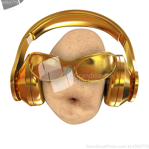 Image of potato with sun glass and headphones front \"face\" on a white bac