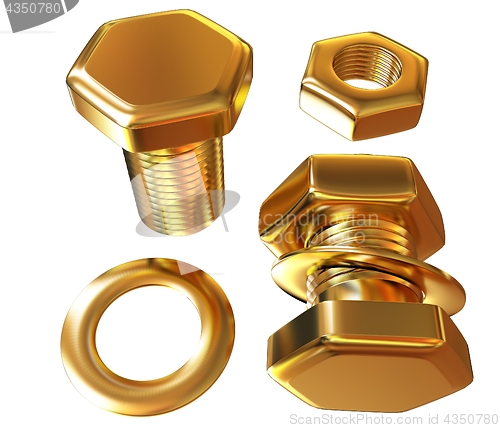 Image of Gold Bolt with nut. 3d illustration