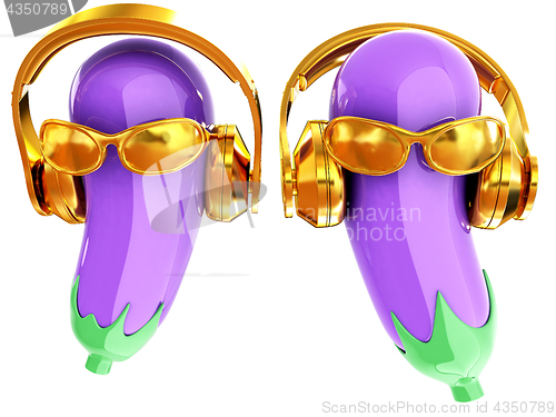 Image of eggplant with sun glass and headphones front \"face\" on a white b