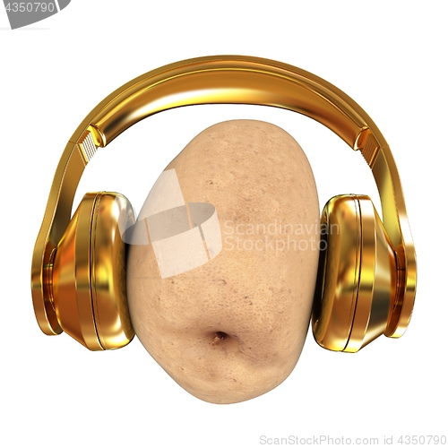 Image of potato with headphones on a white background. 3d illustration