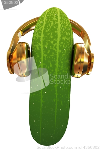 Image of cucumber with headphones on a white background. 3d illustration