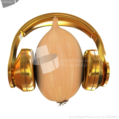 Image of Ripe onion with gold headphones front \"face\" on a white backgrou