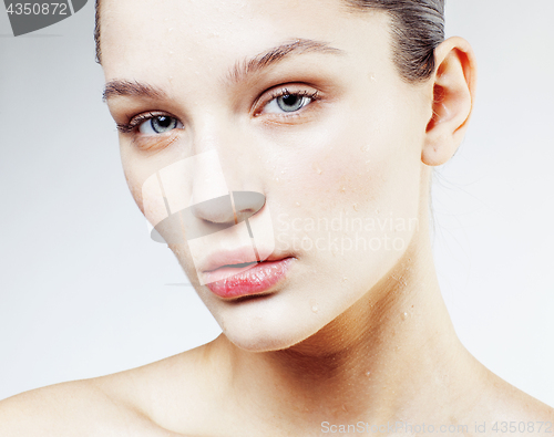 Image of young sweet brunette woman close up isolated on white background, perfect pure innocense beautiful, spa people concept copyspace