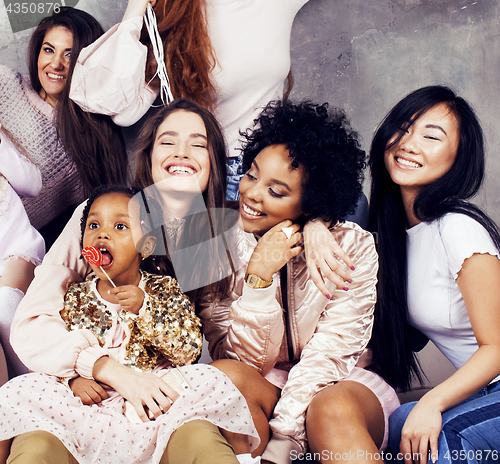 Image of Lifestyle and people concept: young pretty diversity nations woman with different age children celebrating on birth day party together happy smiling, making selfie. African-american, asian and caucasi