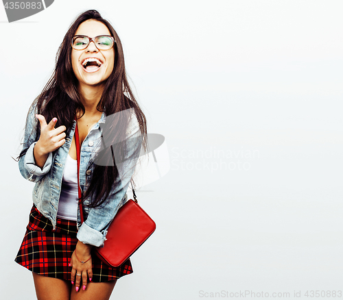 Image of young happy smiling latin american teenage girl emotional posing